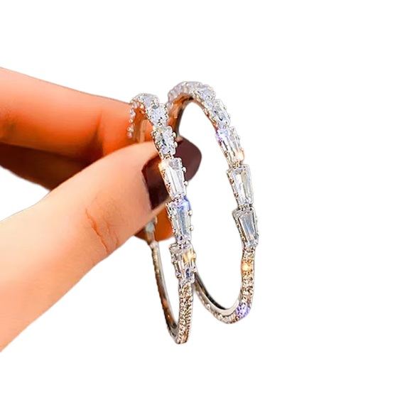 Silver Hoop Earrings with RHINESTONE Detail - Picture 8 of 8